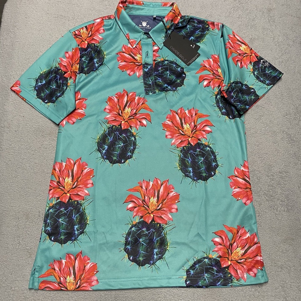 Chuco Golf Polo‎ Shirt Mens Small Prick Cactus All Over Print Flower NEW